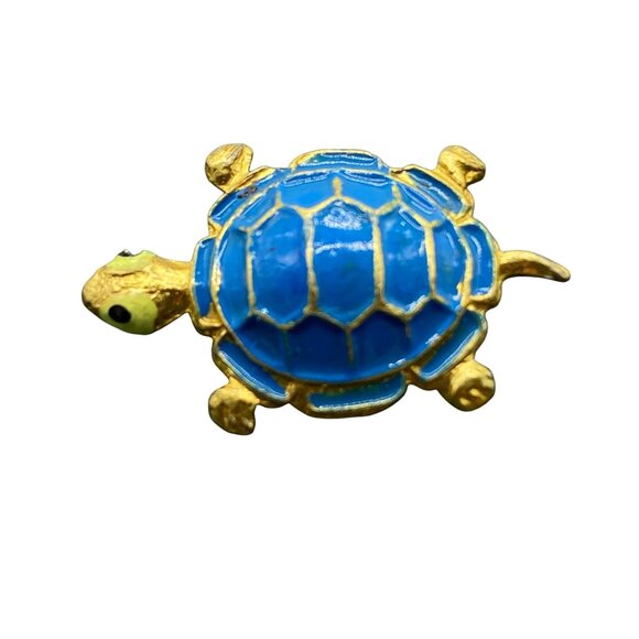 Vintage Korea Blue Turtle Scatter Pin Brooch Gold Tone Small 1 inch Tortoise - Picture 1 of 7